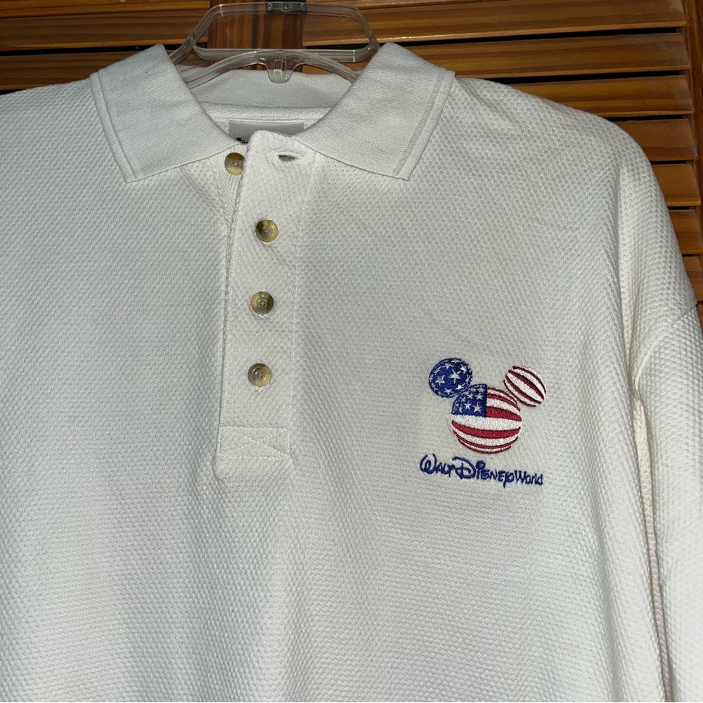 Walt Disney World Embroidered Flag Mickey Mouse Head Short Sleeve White Polo New
